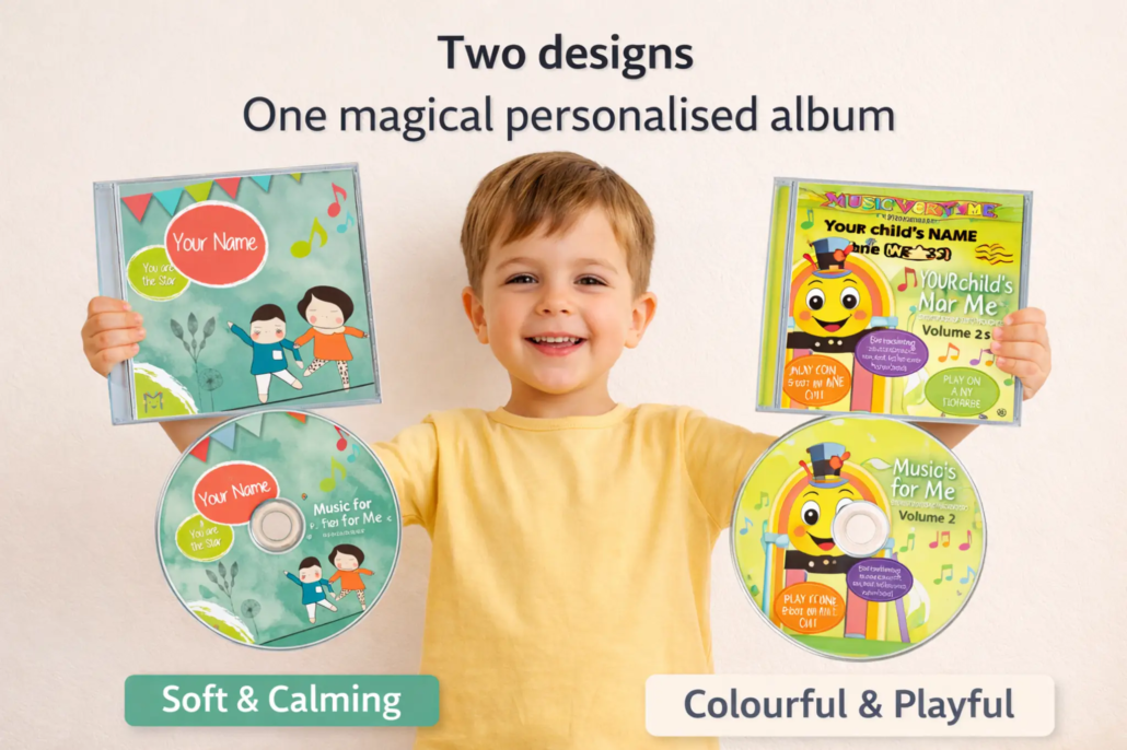 Two personalised children’s music album designs, soft and calming or colourful and playful