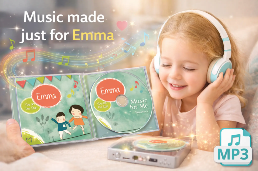 Personalised children’s music CD made especially for a child, featuring their name on the album