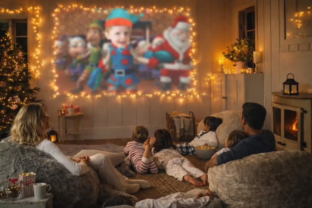 Family watching a personalised cartoon movie together at home