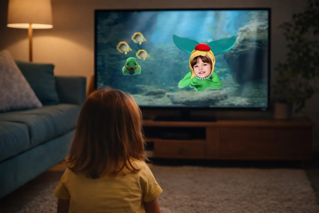 Child watching a personalised cartoon movie at home