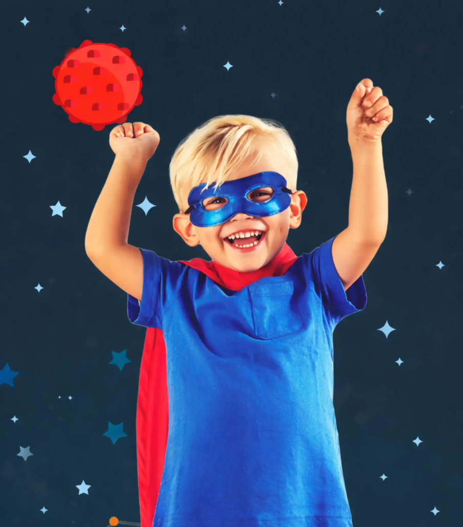 Child dressed as a superhero in a personalised cartoon movie