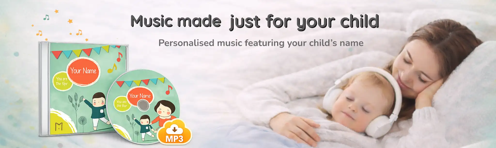 Personalised children music album with child’s name, calming screen-free music for babies and young children