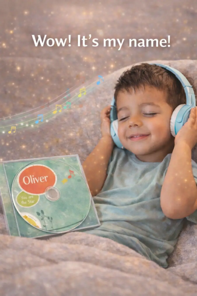 Smiling child listening to personalised music album with their name on the CD, wearing headphones