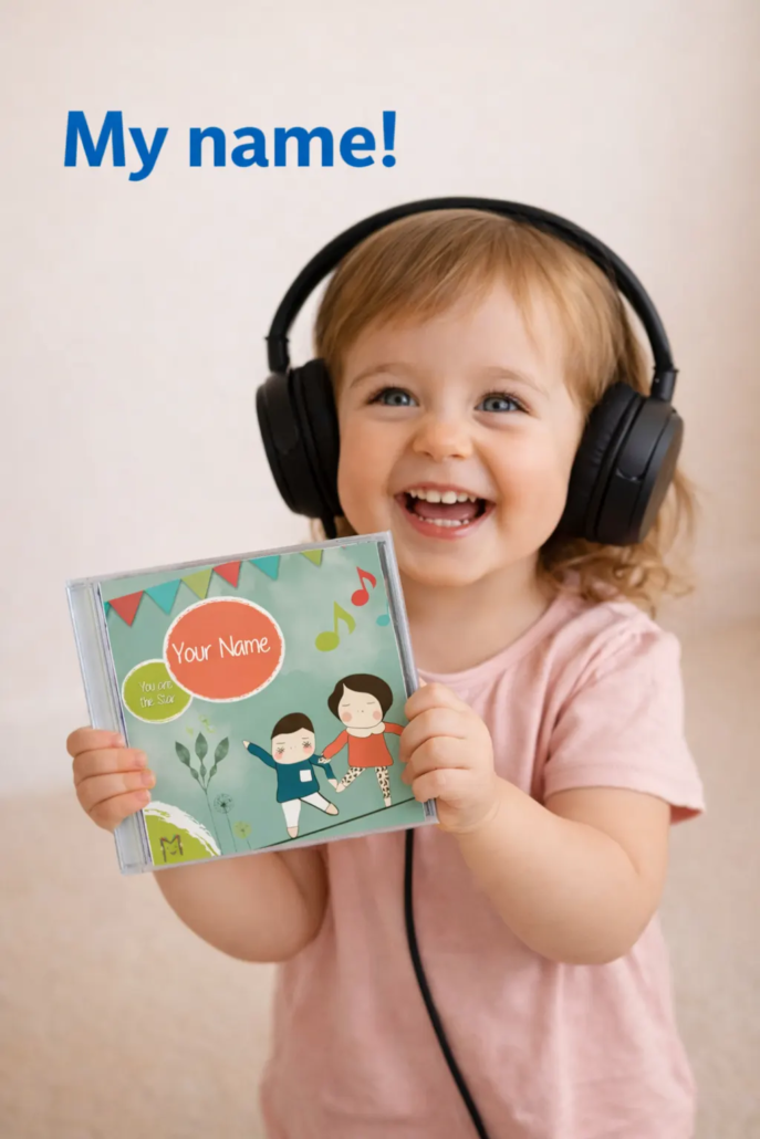 Toddler smiling while listening to personalised kids music and holding a personalised music CD with their name