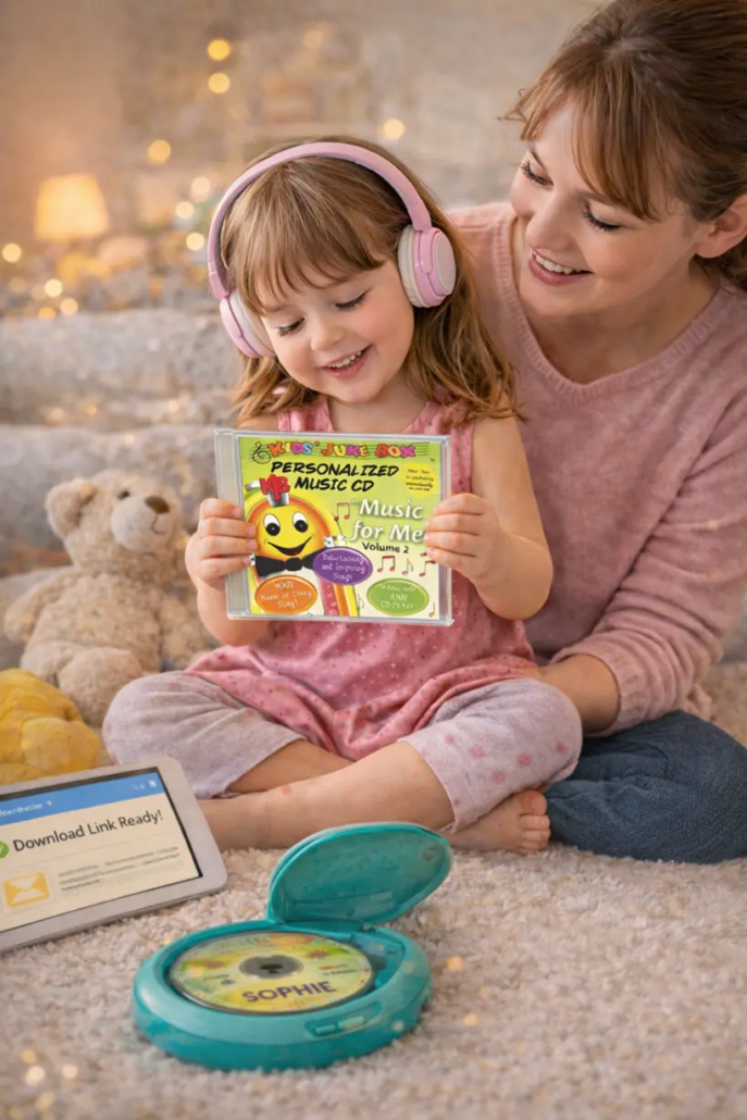 Personalised kids songs CD gift shared between parent and child at home