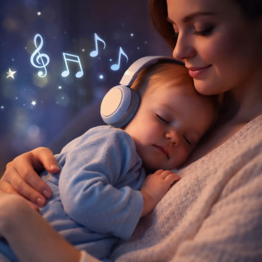 Mother cuddling her baby listening to personalized kids songs for bedtime