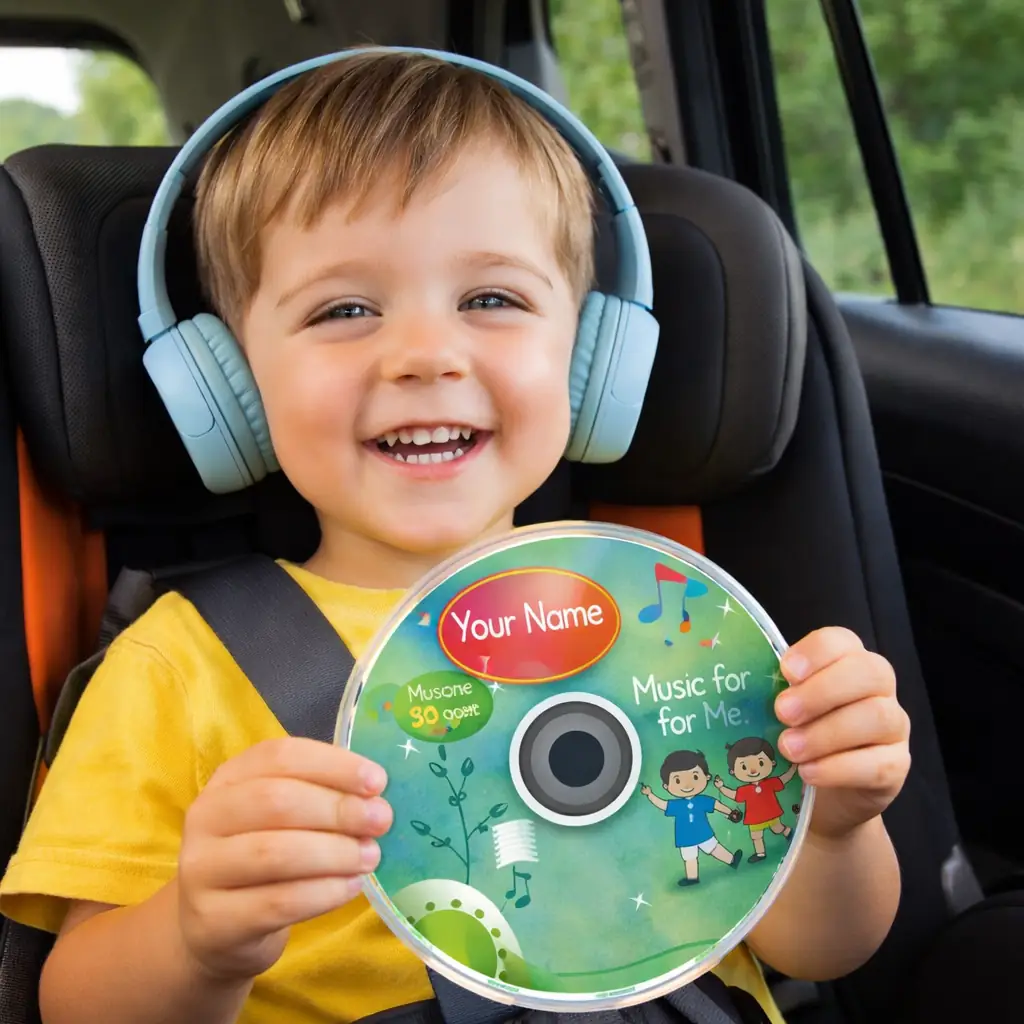 Smiling child listening to personalized kids songs in the car holding a music CD